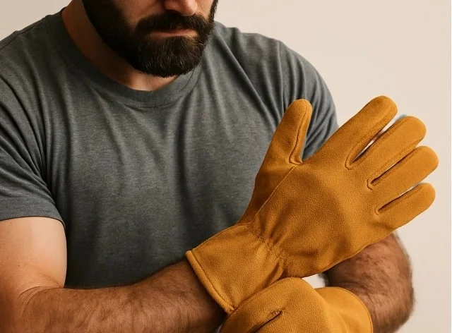 Man putting on split leather gloves before starting heavy work.